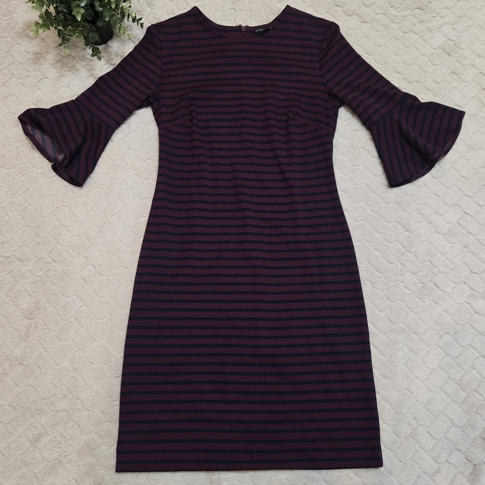 Banana Republic Blue and Burgundy Stripe Bell Sleeve Ponte Knit Sheath Dress, 2